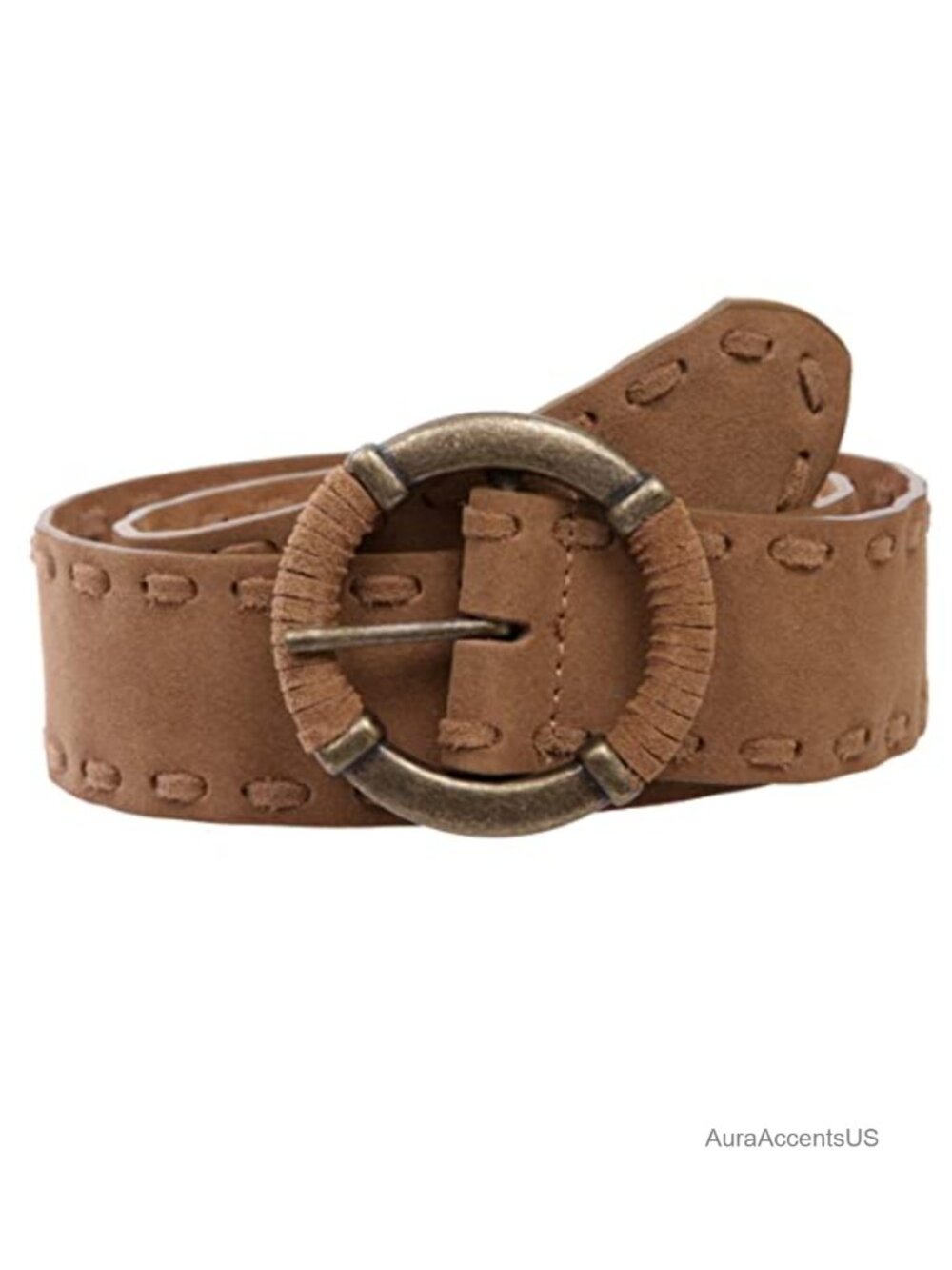 Genuine Cow Suede Leather Braided Round Belt 1 7/8" Wide Antique Brass Buckle